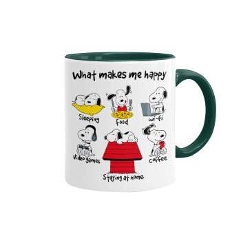 Snoopy what makes my happy, Mug colored green, ceramic, 330ml