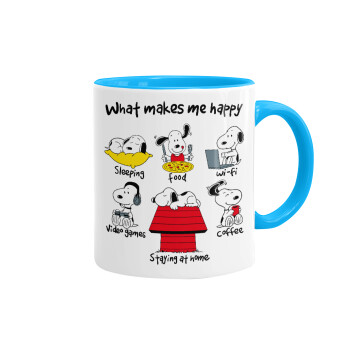 Snoopy what makes my happy, Mug colored light blue, ceramic, 330ml