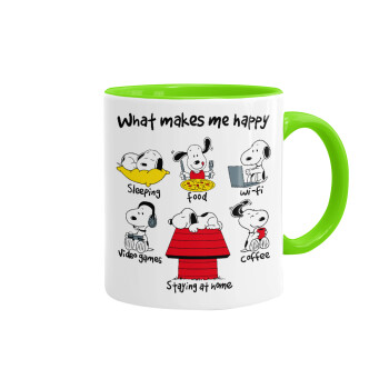 Snoopy what makes my happy, Mug colored light green, ceramic, 330ml