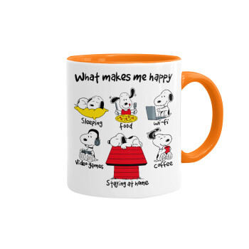 Snoopy what makes my happy, Κούπα χρωματιστή πορτοκαλί, κεραμική, 330ml