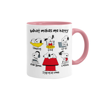 Snoopy what makes my happy, Mug colored pink, ceramic, 330ml