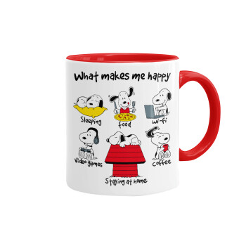 Snoopy what makes my happy, Κούπα χρωματιστή κόκκινη, κεραμική, 330ml
