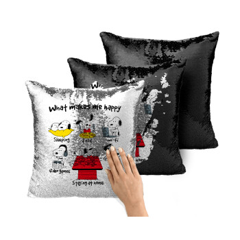 Snoopy what makes my happy, Μαξιλάρι καναπέ Μαγικό Μαύρο με πούλιες 40x40cm περιέχεται το γέμισμα