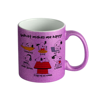 Snoopy what makes my happy, Κούπα Μωβ Glitter που γυαλίζει, κεραμική, 330ml