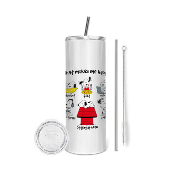 Snoopy what makes my happy, Eco friendly ποτήρι θερμό (tumbler) από ανοξείδωτο ατσάλι 600ml, με μεταλλικό καλαμάκι & βούρτσα καθαρισμού