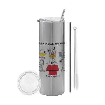 Snoopy what makes my happy, Eco friendly stainless steel Silver tumbler 600ml, with metal straw & cleaning brush