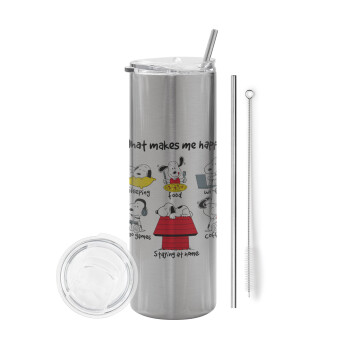 Snoopy what makes my happy, Tumbler stainless steel Silver 600ml, with metal straw & cleaning brush