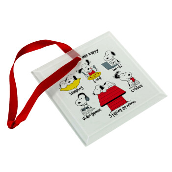 Snoopy what makes my happy, Στολίδι Χριστουγεννιάτικο στολίδι γυάλινο τετράγωνο 9x9cm