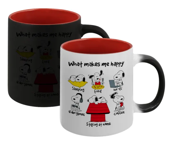 Snoopy what makes my happy — Magic mug with red interior, ceramic, 330ml, changes colour with hot drinks