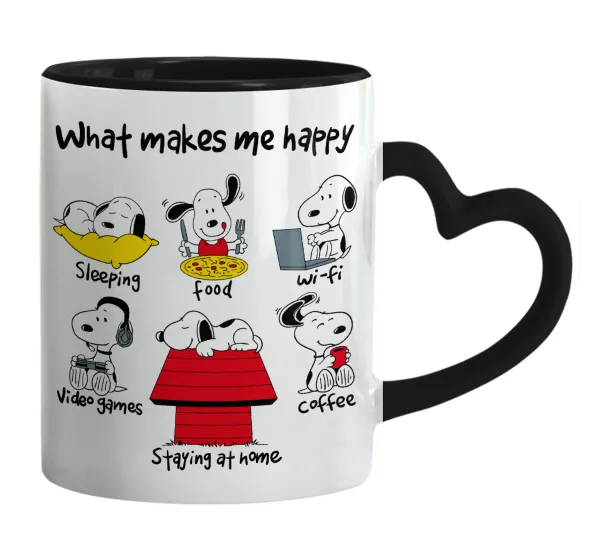 Snoopy what makes my happy — Mug heart black handle, ceramic, 330ml