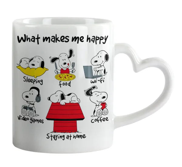 Snoopy what makes my happy — Κούπα καρδιά χερούλι λευκή, κεραμική, 330ml