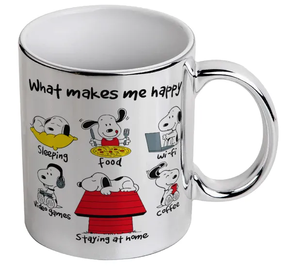 Snoopy what makes my happy — Κούπα κεραμική, ασημένια καθρέπτης, 330ml