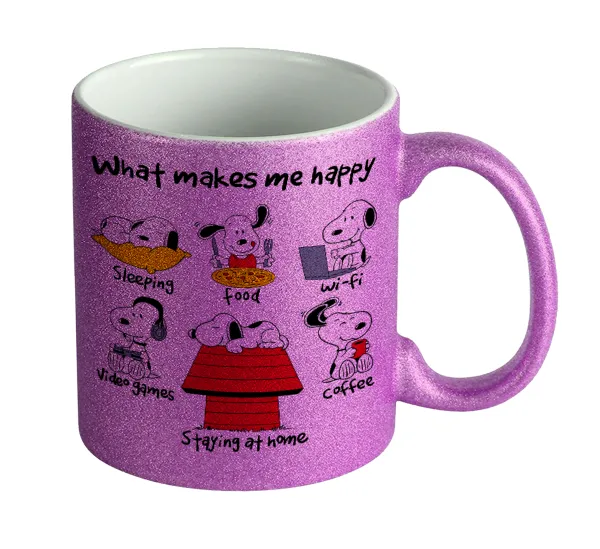Snoopy what makes my happy — Κούπα Μωβ Glitter που γυαλίζει, κεραμική, 330ml