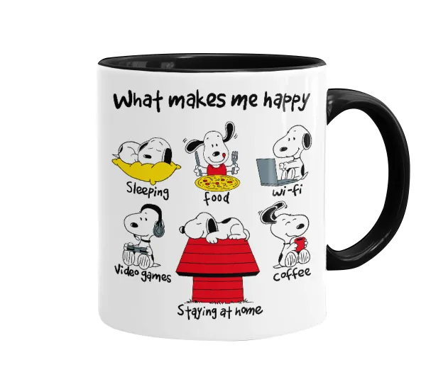 Snoopy what makes my happy — Κούπα χρωματιστή μαύρη, κεραμική, 330ml