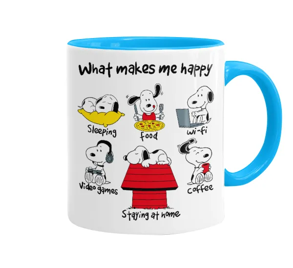 Snoopy what makes my happy — Κούπα χρωματιστή γαλάζια, κεραμική, 330ml