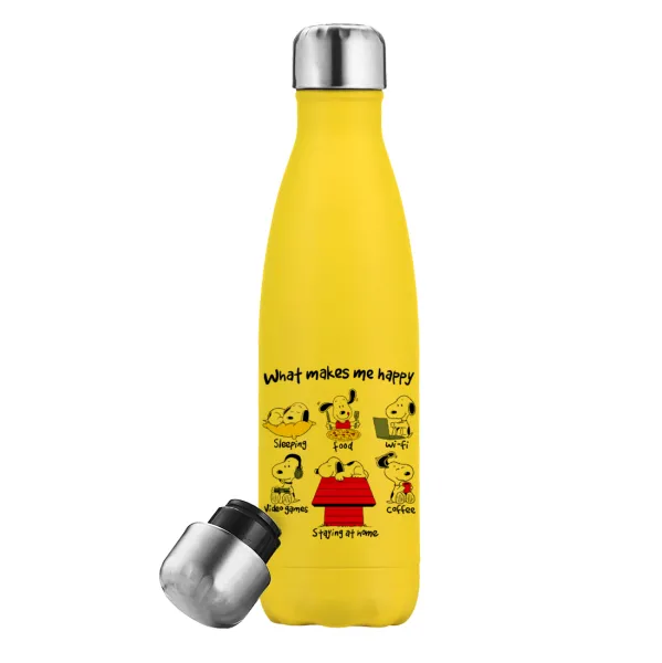 Snoopy what makes my happy — Yellow Stainless Steel Metallic Thermos, double-walled, 500ml