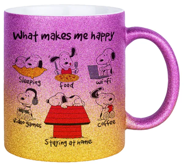 Snoopy what makes my happy — Κούπα Χρυσή/Ροζ Glitter, κεραμική, 330ml