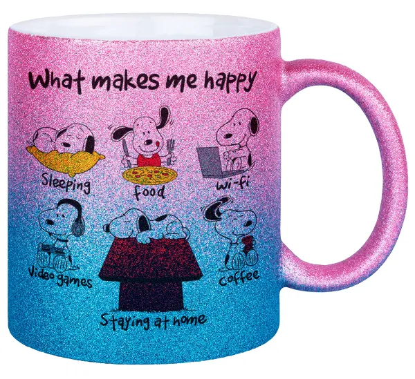 Snoopy what makes my happy — Κούπα Χρυσή/Μπλε Glitter, κεραμική, 330ml