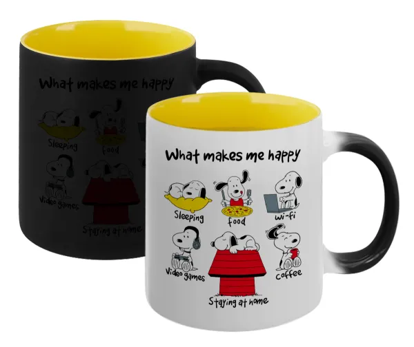 Snoopy what makes my happy — Κούπα Μαγική εσωτερικό κίτρινη, κεραμική 330ml που αλλάζει χρώμα με το ζεστό ρόφημα