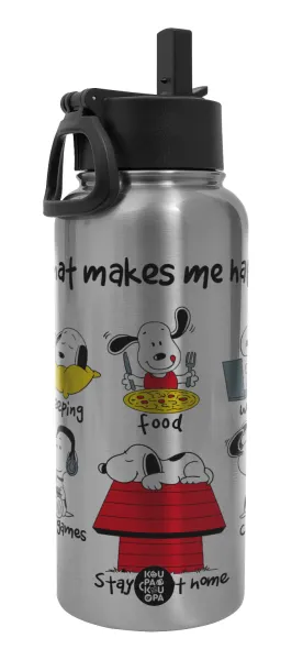 Snoopy what makes my happy — Metal mug thermo Silver with Straw and Spout Lid (Stainless steel), double wall, 950ml