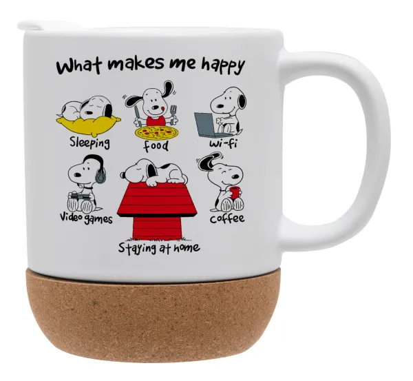 Snoopy what makes my happy — Κούπα, κεραμική με βάση φελού και καπάκι (ΜΑΤ), 330ml
