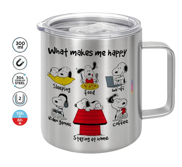 Snoopy what makes my happy — Double-walled stainless steel mug 300ml with temperature-retaining lid