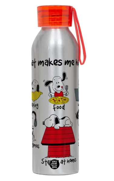 Snoopy what makes my happy — Αλουμινένιο Αθλητικό Μπουκάλι 650ml – Ασημί με Κόκκινο Καπάκι και Λουράκι Σιλικόνης