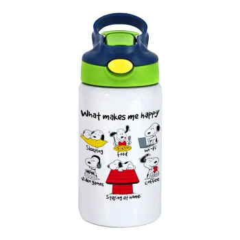 Snoopy what makes my happy, Children's hot water bottle, stainless steel, with safety straw, green, blue (350ml)