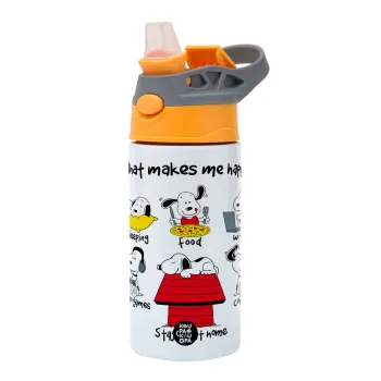 Snoopy what makes my happy, Children's hot water bottle, stainless steel, with safety straw, Orange/Grey (360ml) BPA-FREE