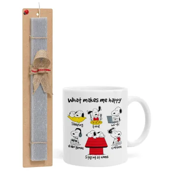 Snoopy what makes my happy, Πασχαλινή Λαμπάδα με Κούπα κεραμική (330ml) & κερί αρωματικό πλακέ (30cm) (ΓΚΡΙ)