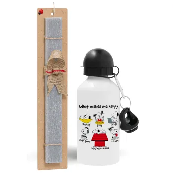 Snoopy what makes my happy, Πασχαλινή Λαμπάδα με παγούρι μεταλλικό  αλουμινίου (500ml) & κερί αρωματικό πλακέ (30cm) (ΓΚΡΙ)