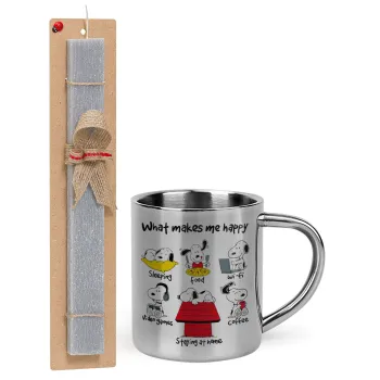 Snoopy what makes my happy, Πασχαλινή Λαμπάδα με μεταλλική κούπα θερμό (300ml) & κερί αρωματικό πλακέ (30cm) (ΓΚΡΙ)