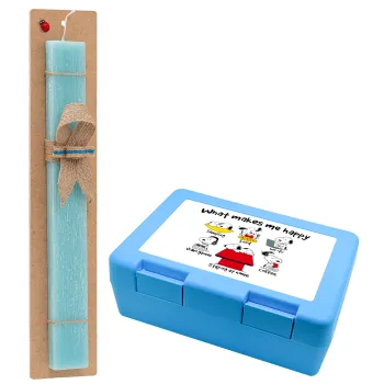 Snoopy what makes my happy, Easter Set, children's snack container BLUE & Easter aromatic flat candle (30cm) (TURQUOISE)