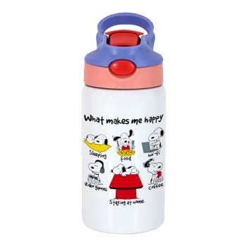 Snoopy what makes my happy, Παιδικό παγούρι θερμό, ανοξείδωτο, με καλαμάκι ασφαλείας, ροζ/μωβ (350ml)