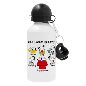Snoopy what makes my happy, Metal water bottle, White, aluminum 500ml