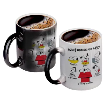 Snoopy what makes my happy, Color changing magic Mug, ceramic, 330ml when adding hot liquid inside, the black colour desappears (1 pcs)