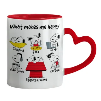 Snoopy what makes my happy, Mug heart red handle, ceramic, 330ml