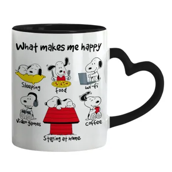 Snoopy what makes my happy, Κούπα καρδιά χερούλι μαύρη, κεραμική, 330ml