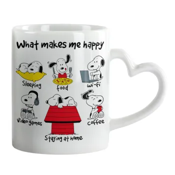 Snoopy what makes my happy, Mug heart handle, ceramic, 330ml