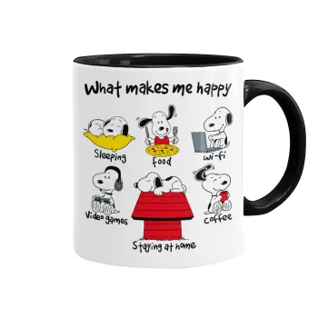 Snoopy what makes my happy, Κούπα χρωματιστή μαύρη, κεραμική, 330ml