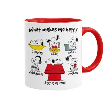 Snoopy what makes my happy, Κούπα χρωματιστή κόκκινη, κεραμική, 330ml