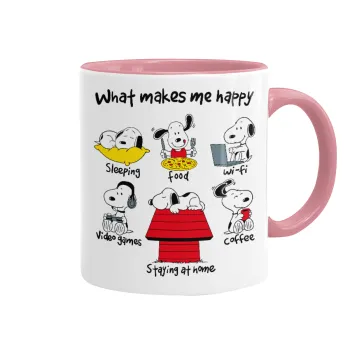 Snoopy what makes my happy, Κούπα χρωματιστή ροζ, κεραμική, 330ml