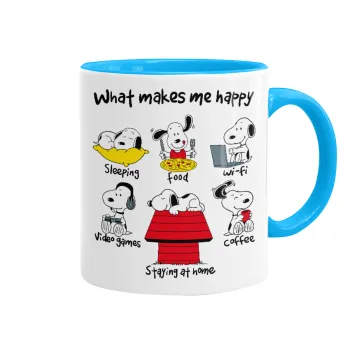 Snoopy what makes my happy, Mug colored light blue, ceramic, 330ml