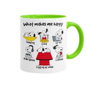 Snoopy what makes my happy, Κούπα χρωματιστή βεραμάν, κεραμική, 330ml