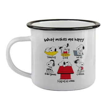 Snoopy what makes my happy, Κούπα εμαγιέ με μαύρο χείλος 360ml