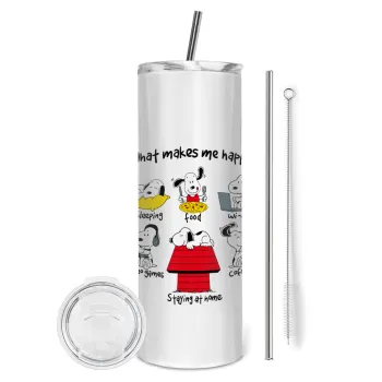 Snoopy what makes my happy, Tumbler ποτήρι θερμό από ανοξείδωτο ατσάλι 600ml, με μεταλλικό καλαμάκι & βούρτσα καθαρισμού