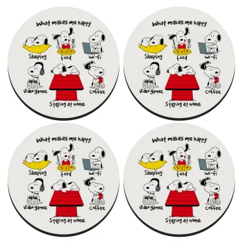 Snoopy what makes my happy, SET of 4 round wooden coasters (9cm)