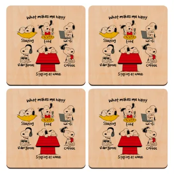 Snoopy what makes my happy, ΣΕΤ x4 Σουβέρ ξύλινα τετράγωνα plywood (9cm)