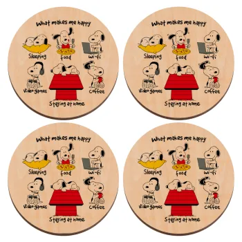 Snoopy what makes my happy, ΣΕΤ x4 Σουβέρ ξύλινα στρογγυλά plywood (9cm)
