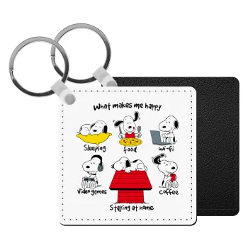 Snoopy what makes my happy, Μπρελόκ Δερματίνη, τετράγωνο ΜΑΥΡΟ (5x5cm)